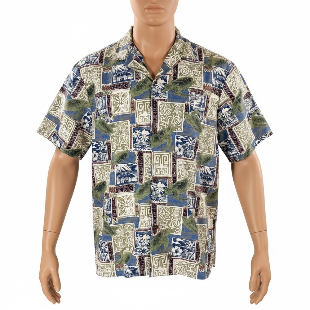 Royal Hawaiian Creation Aloha Shirt XL Tribal Hibiscus Sea Turtles Collage